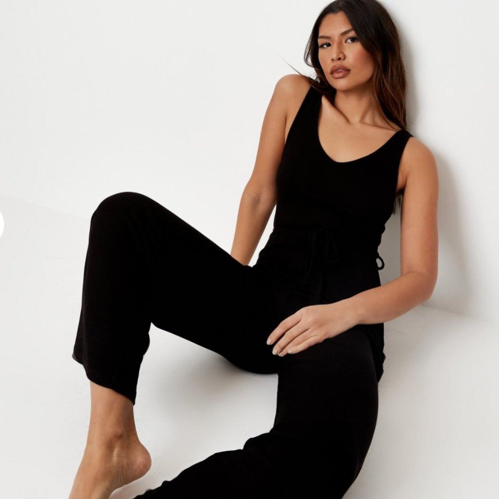 Missguided Petite black rib sleeveless tie waist jogger jumpsuit